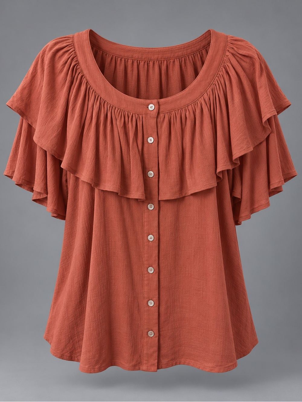 Womens Plus Size Rust Ruffle Button-Front Top - Picture 1 of 4